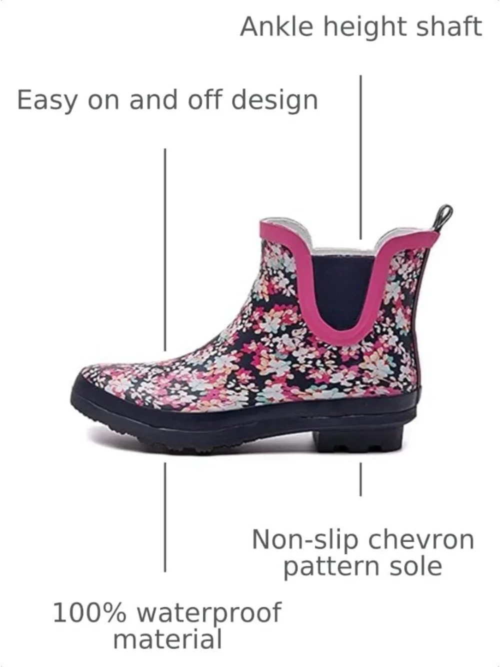 Women's Pink Light Ankle Garden Anti-Slipping Floral Printed Stylish Rain Boots